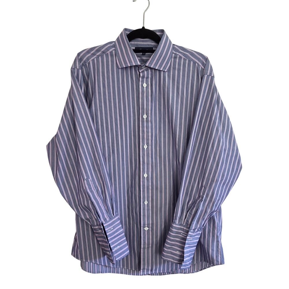 Faconnable French Cuff Dress Shirt 6/17R Blue Pink Stripe Made in USA Luxury